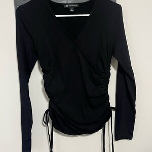 INC International Concepts Black Ruched Wrap-Front Long Sleeve Top